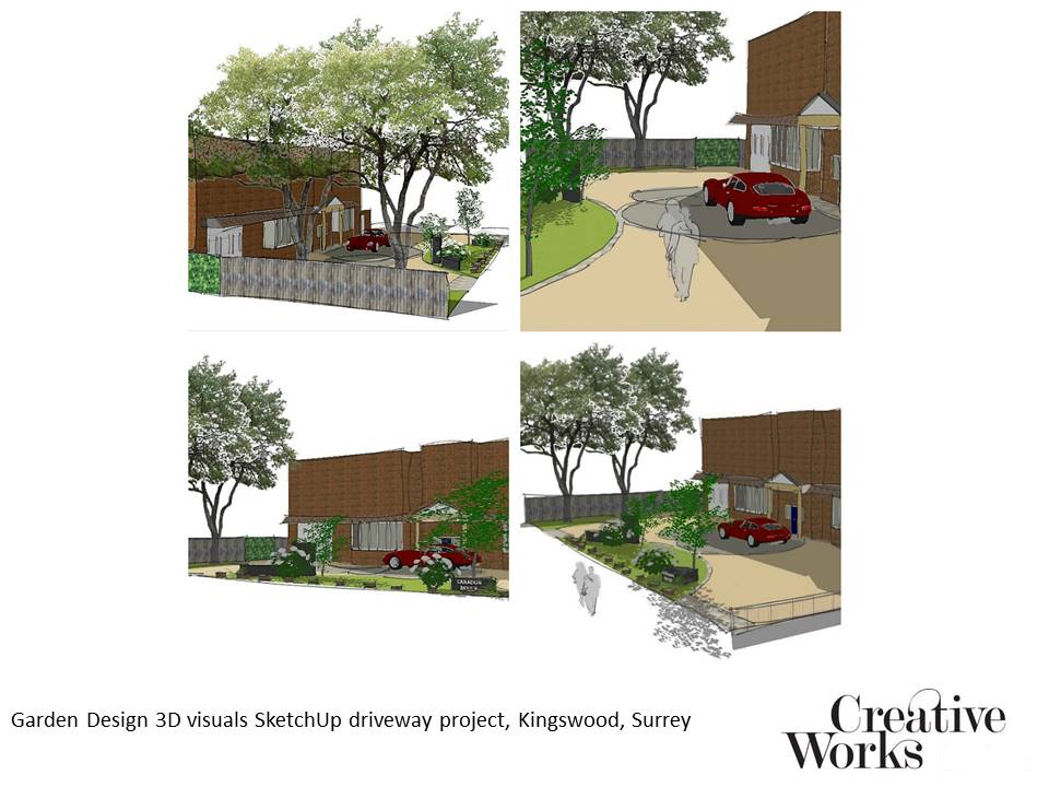 Cindy Kirkland Creative Works Garden Design 3D visuals SketchUp driveway project, Kingswood, Surrey
