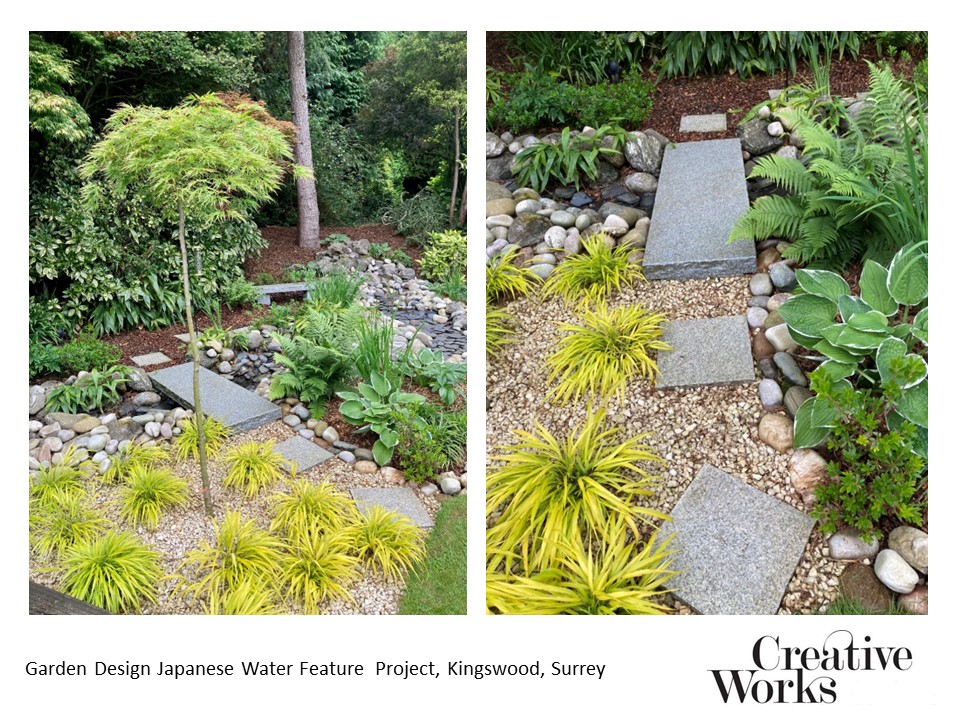 Cindy Kirkland at Creative Works Garden Design Japanese Water Feature Project, Kingswood, Surrey